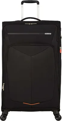 A black American Tourister suitcase with a retractable handle and wheels.