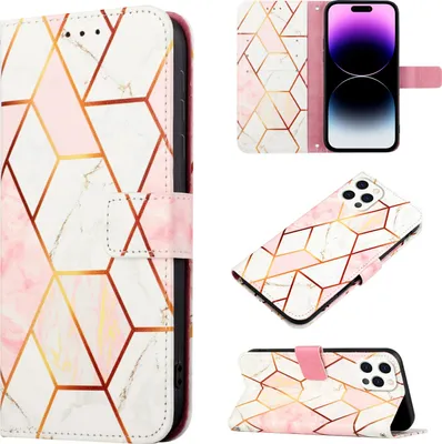 Produktbild von iPhone 15 Pro Hülle, Marmor Motiv Kunstleder Tasche Wallet Kartenfächer mit Standfunktion Klapp Schutzhülle für iPhone 15 Pro Roségold