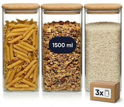 Immagine prodotto di set di 6 barattoli da 500 ml in vetro borosilicato quadrato con coperchio in legno - Barattolo leggero da 0,5 l per snack, ingredienti da forno, erbe aromatiche