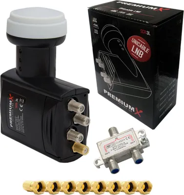 Produktbild von PremiumX SCR-3L Unicable LNB SCR 3 Legacy Einkabel Unikabel 4 + 3 Teilnehmer 2-fach SAT Verteiler und 8x F-Stecker