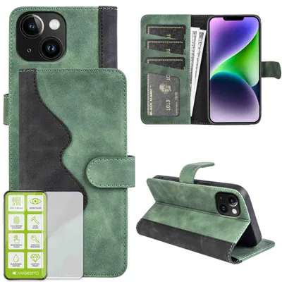 Productafbeelding van Beschermhoes voor Apple iPhone 15 Plus, groene design hoes van kunstleer, met een H9 hardglazen bescherming