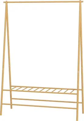 Zdjęcie produktu dla Bambusowy wieszak na ubrania, wieszak na ubrania z półkami i haczykami, wieszak na ubrania z drążkiem, do przedpokoju, salonu, sypialni, 116 x 43,5 x 160 cm, drewno naturalne