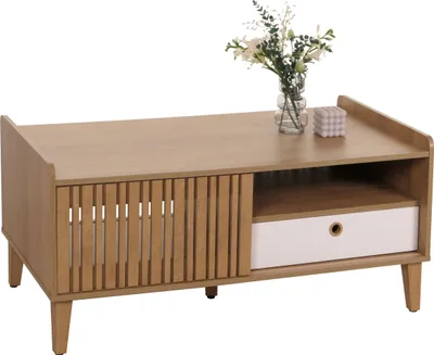 Produktbild von Couchtisch MCW-M48, Wohnzimmertisch Tisch Sofatisch, 52x114x59cm  natur, Schublade weiß