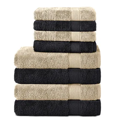 Produktbild von Komfortec 8er Handtuch Set aus 100% Baumwolle, 4 Badetücher 70x140 und 4 Handtücher 50x100 cm, Frottee, Weich, Towel, Groß, Schwarz/Beige