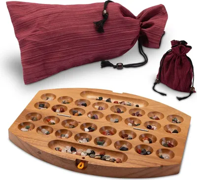 Produktbild von Bao Spiel Gr. S Reisespiel für 2 Spieler mit Stoffbeutel - oval - Hus - Kalaha - mit Edelsteinen