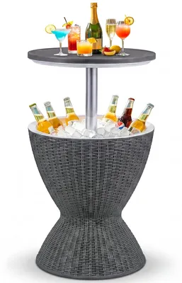 Produktbild von COSTWAY 3 in 1 Cool Bar, höhenverstellbarer Beistelltisch, 30L Outdoor Bier- und Weinkühler in Rattanoptik, Getränkekühler mit Abflussloch, Grau