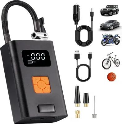 A collage of a portable air compressor and various accessories, along with images of vehicles and sports equipment it can be used with.