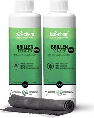 Produktbild von bio-chem Brillenreiniger mit ANTI-BESCHLAG-Funktion, Schutz vor beschlagenen Brillen, Anti-Fog, 2x 250 ml (500 ml) Nachfüllflaschen + Premium-Mikrofasertuch/Brillenputztuch