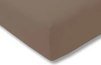 A close-up view of a brown fitted sheet, showing the corner and the texture of the fabric.