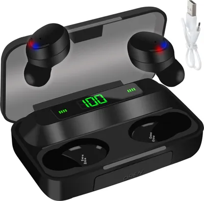 A pair of black wireless earbuds in an open charging case with a digital display showing '100'. A white USB charging cable is visible to the right.