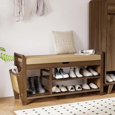 Immagine prodotto di Scarpiera, panchina porta scarpe, scaffale porta scarpe in bambù con seduta imbottita, armadietto porta scarpe con 3 scomparti, spazio di stoccaggio nascosto