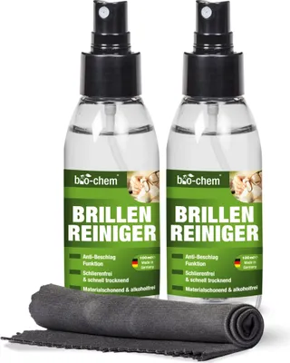 Produktbild von bio-chem Brillenreiniger mit ANTI-BESCHLAG-Funktion, Schutz vor beschlagenen Brillen, Anti-Fog-Spray, 2x 100 ml Sprayflasche (200 ml) + Premium Mikrofasertuch/Brillenputztuch