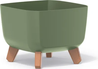 A green planter pot with wooden legs on a white background.