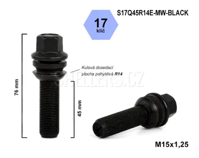Obrázek produktu pro Kolový šroub M15x1,25x45 kulový R14, pohyblivá plocha, klíč 17, S17Q45R14E-MW-BLACK, výška 76 mm, černý