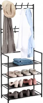 Produktbild von Relaxdays Garderobenständer, 4 Schuhablagen, 2 Hakenleisten, Flurgarderobe HxBxT: 150,5 x 59,5 x 25 cm, Eisen, schwarz