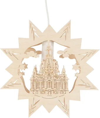 Productafbeelding van Raamdecoratie van de Frauenkirche met elektrische verlichting, natuurmotief. Afmetingen: 21,5 x 21,5 x 5 cm. Nieuw