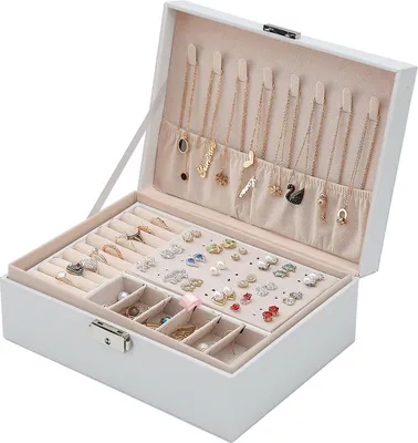 Produktbild von Lospitch Schmuckkasten, Schmuckkoffer, abschließbar, 2 Ebenen , mit Spiegel, für Ringe, Ohrringe, Halsketten und Armbänder，Weiß