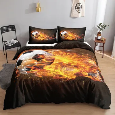 Produktbild von Fußball-Bettwäsche-Set für Kinder, Flammen-Fußball-Druck, 2-teilig, 135x200cm, 80x80cm