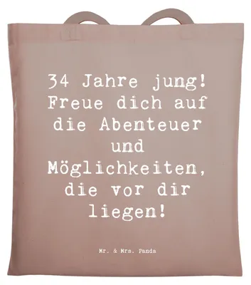 Produktbild von Mr. & Mrs. Panda Tote Bag Spruch 34. Geburtstag - Braun Pastell - Geschenk, Laptoptasche, Tasche, Happy Birthday, Feier, Möglichkeiten, Geschenke, Herausforderungen