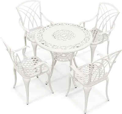 Produktbild von KOMFOTTEU 5 TLG. Gartenmöbel Set, Gartentisch mit Schirmloch, Bistrotisch mit 4 Gartenstühle, wetterfestes Bistroset aus Aluminium, Sitzgarnitur Weiß