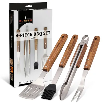 Produktbild von BonFeu BonTool Set 4-teilig – Premium Grillbesteck-Set aus Edelstahl & Akazienholz – Grillzubehör für Feuerschale, Plancha & Barbecue