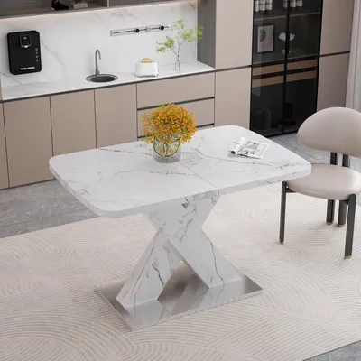 Image de OKWISH Table À Manger Extensible Effet Marbre - Table Carrée Moderne Avec Piètement Croisé MDF Et Base Métal - Blanc - 120-160x80x76,5 Cm