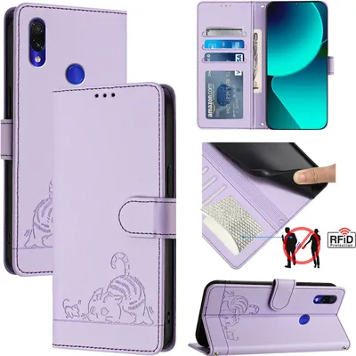 Produktbild von Leder Hülle für Xiaomi Redmi Note 7/Note 7 Pro Süße Katze Flip Case Brieftasche Schutzhülle mit Standfunktion Lila