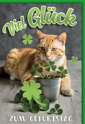 Produktbild von Geburtstag Katze mit Glücksklee viel Glück Glückwunschkarte mit Umschlag