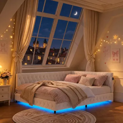 Zdjęcie produktu dla Łóżko młodzieżowe INONEFT 140x200 z oświetleniem LED, jednoosobowe, wielofunkcyjne łóżko z podświetleniem LED i ładowarką USB, łóżko dziecięce, łóżko tapicerowane, rama łóżka, tkanina velvet