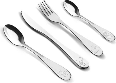 Obrázek produktu pro LAMART LT5013 Dětské příbory set 4ks, prvotřídní nerezavějící ocel 18/0, stříbrná, lžička 14,5 cm; lžíce 17,5 cm; vidlička 17,5 cm; nůž 19 cm