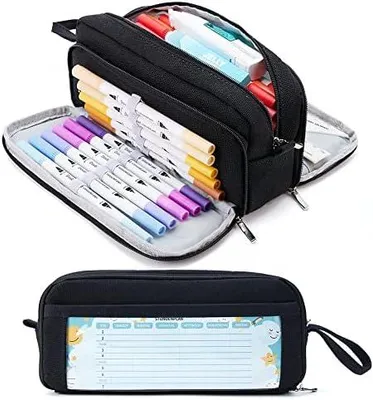 Produktbild von Federmäppchen mit 3 Fächer Große Kapazität Mäppchen Federtasche Stiftetasche Pencil Case Bleistifttasche für Schule & Büro (schwarz)