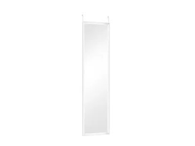A full-length mirror with a white frame, hanging from two hooks at the top.