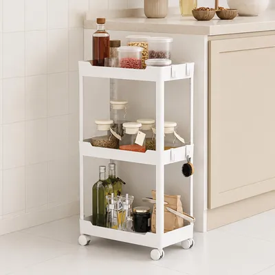 Productafbeelding van Roxlin opbergrek met 3 etages en 4 haken – Ruimtebesparende organizer voor keuken, badkamer en huishouden – Met wielen – Wit