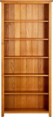 A tall, empty wooden bookshelf with six shelves.