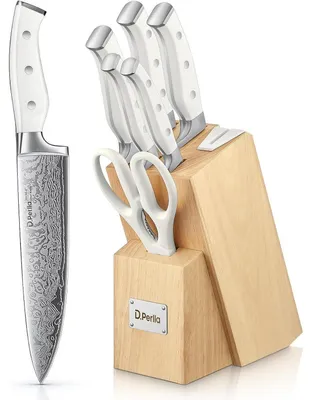 Immagine prodotto di Blocco portacoltelli con set di coltelli da cucina, 7 pezzi, autoaffilante, acciaio inossidabile, manico in plastica, base in legno, colore bianco