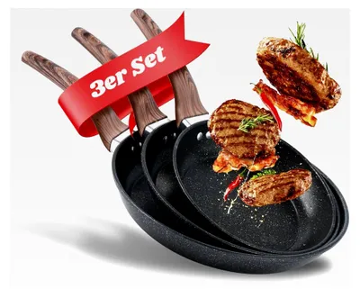 Produktbild von Bratpfannen-Set, 3-teilig, 22/26/30 cm, Gusseisenstruktur, Antihaftbeschichtung, für alle Herdarten einschließlich Induktion, Schwarz