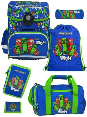 Produktbild von Bauer Minecraft Schulranzen für 1. bis 4. Klasse - Set 6-teilig mit großer Sporttasche - Schultasche für Jungen, ergonomisch, leicht, geräumig