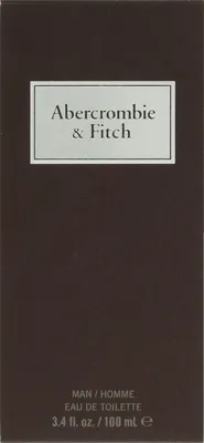 The image shows the front of a dark brown perfume box for Abercrombie & Fitch First Instinct Eau de Toilette.