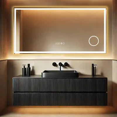 Productafbeelding van Lumoire® Badspiegel met verlichting – 120 cm, rechthoekig – Met anti-condensfunctie, 3x vergrotende loep en klok