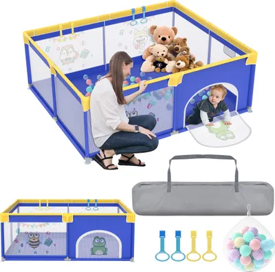 Zdjęcie produktu dla XMTECH kojec dla dzieci 180x150cm, kojec dla dzieci, ogrodzenie dla dzieci, kojec z oddychającą siatką, solidny plac zabaw z 50 piłkami oceanicznymi i 4 pierścieniami do ciągnięcia (niebieski z motywami zwierzęcymi)