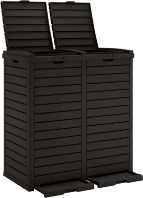 A black outdoor trash can with two compartments and open lids, shown against a white background.
