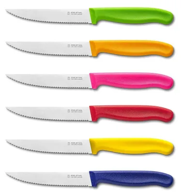 Obrázek produktu pro Sada nožů na steak, 6 kusů, nerezová ocel, vroubkovaná čepel, vícebarevná, vhodné do myčky