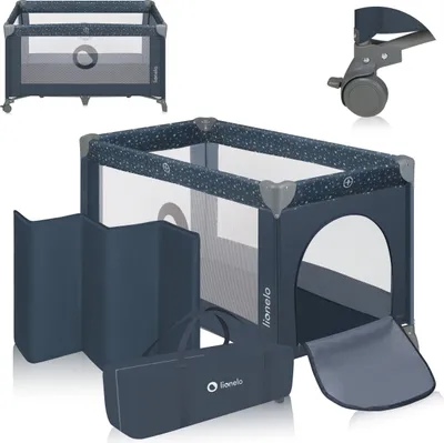 A collection of items related to a baby travel crib, including the crib itself, a foldable mat, and a carrying bag.