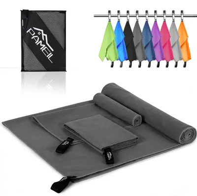 Obrázek produktu pro Sada tří ručníků z mikrovlákna (1x 160x80 cm, 2x 80x40 cm), tmavě šedá barva, rychleschnoucí, ideální na cesty