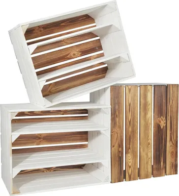 Produktbild von CHICCIE 3 Set Holzkiste Grete Weiß Geflammt Mit Zwei Langen Regalen 50x40x30cm Gehobelt - Holzkisten Obstkisten Weinkisten Regale