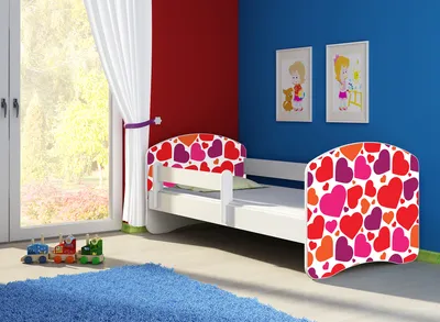 Produktbild von Kinderbett, Babybett 70x140, 80x160, 80x180cm Juniorbett, Kind, Motiv, Schublade CLAMARO, Bett Farbe:25 Bunte Herzen, Ausführung:Ohne Bettkasten, Bett Größe:140 x 70 cm
