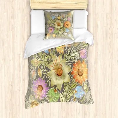 Produktbild von ABAKUHAUS Grunge Bettbezug Set, Aufwändige Gealterte Blumenstrauss Zusammensetzung Über Antikem Art Marmor Druck, 135 x 200 cm + 80 x 80 cm, Mehrfarbig