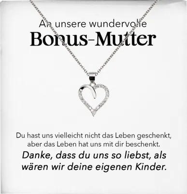 Produktbild von 22Feels Unsere Stiefmama Geschenk Herz Halskette Stiefmutter Muttertag Frauen mit Karte Geburtstag Weihnachten Stiefeltern Bonus Mutter Patchwork (Damen Silber 925/000 Schmuck)