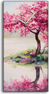 Produktbild von Leinwand Uhr Küche Wohnzimmer Bild 30x60 Kunst Malerei Landschaft Kirschbaum - weiße Hände