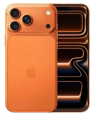 A product shot of an orange iPhone 17 Pro Max, showing the back and side.